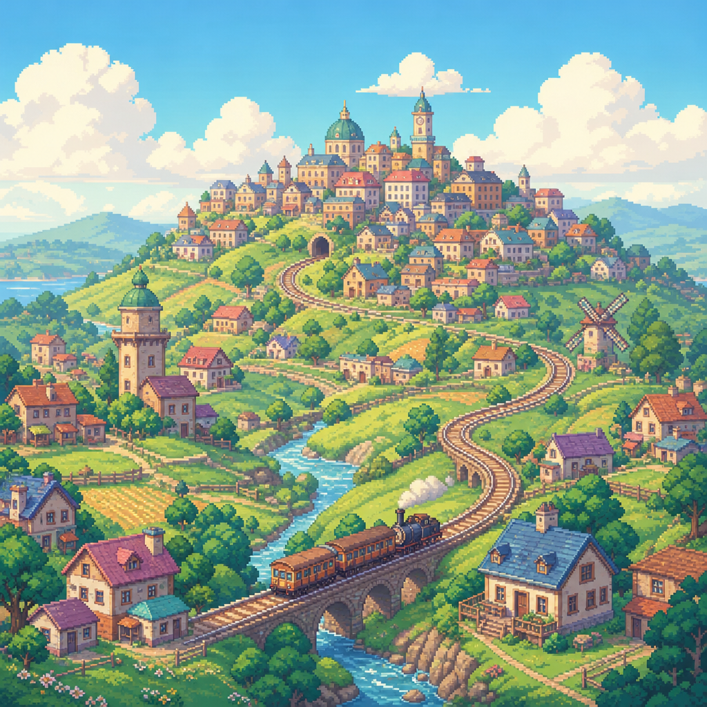 Pixel-art town skyline growing along a railway across green hills