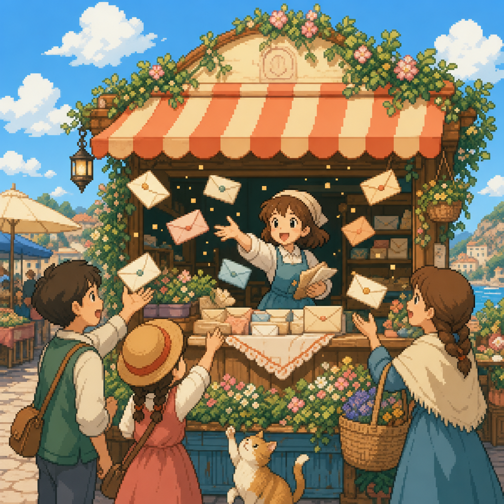Pixel-art market stall sending letters out to customers