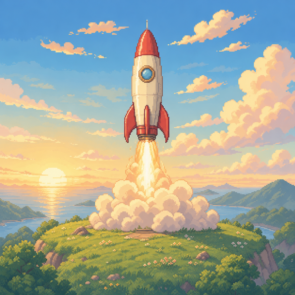 Pixel-art rocket lifting off a green hill at sunrise