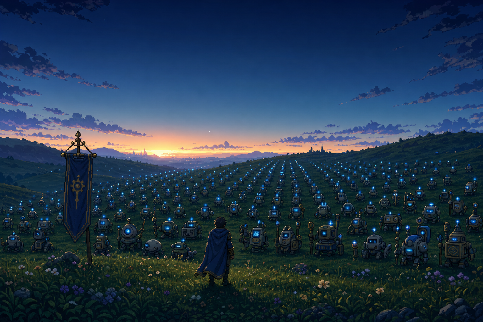 The same pixel-art army at pre-dawn blue hour, each agent lit by a small signal-blue light across the dark ridge