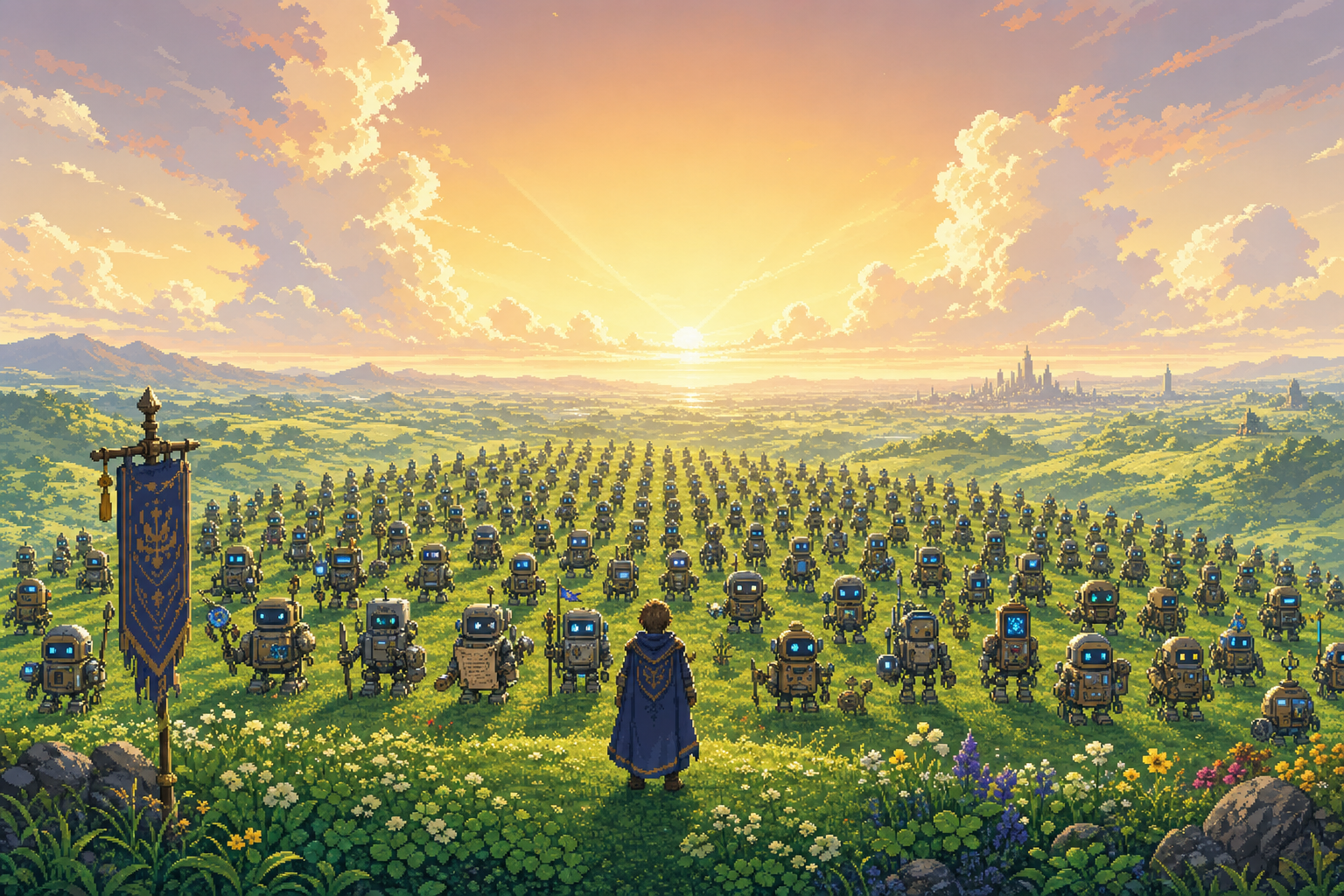 A pixel-art army of AI-agent characters massed in formation on a meadow ridge at dawn, with one lone general standing before them